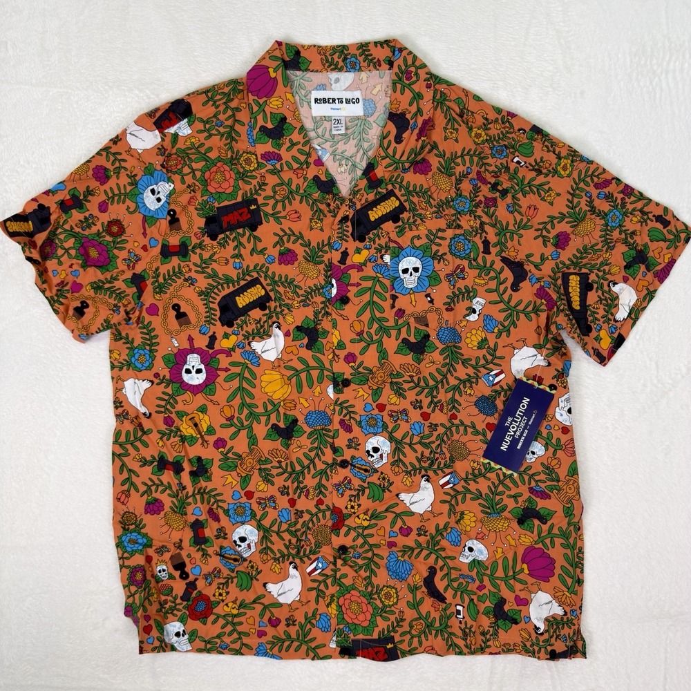 New Roberto Lugo Shirt Mens 2XL Orange Hawaiian Skulls Flowers Puerto Rico Theme
